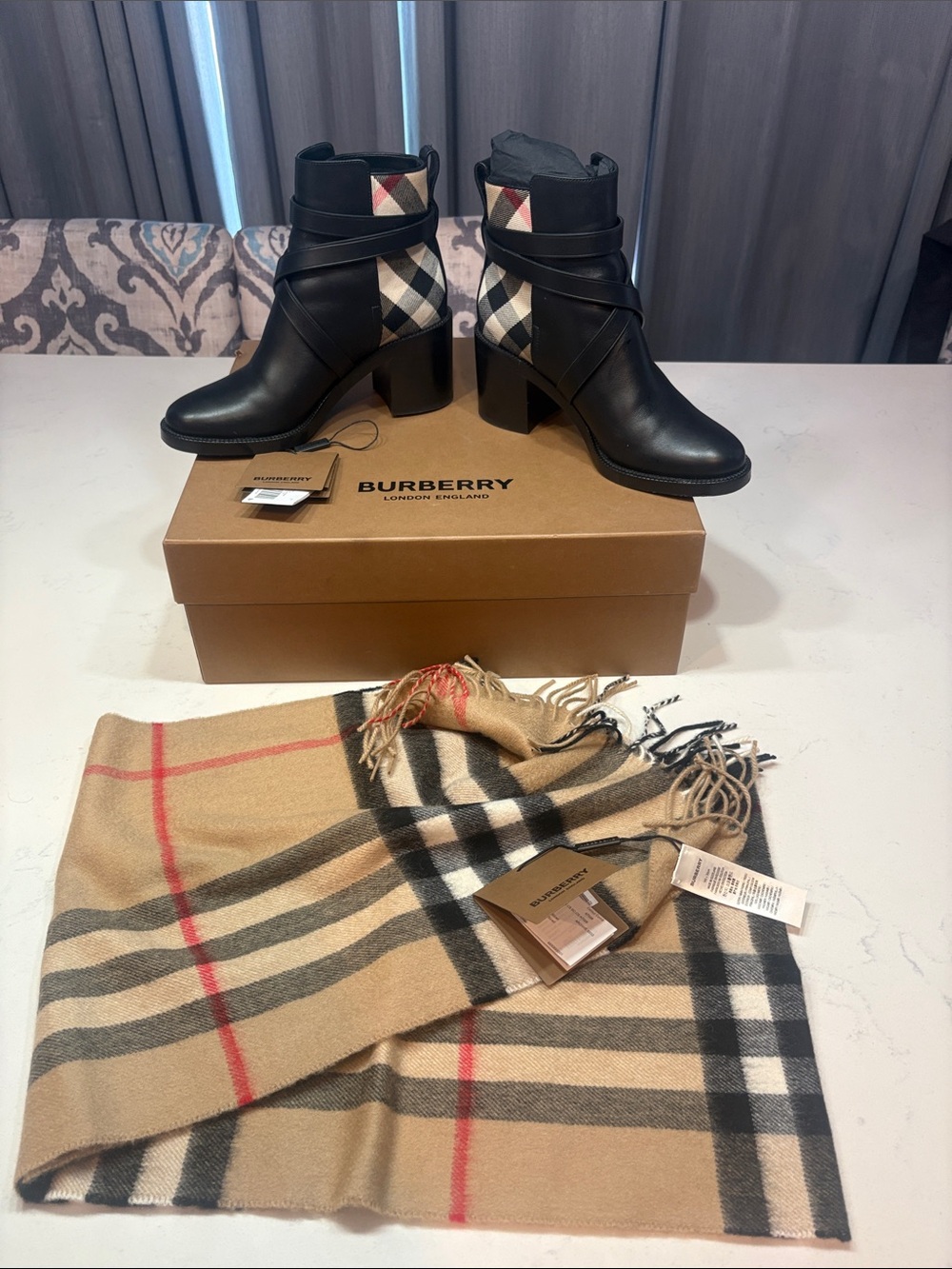 Burberry Black Leather Ankle Boots with Burberry Scarf
